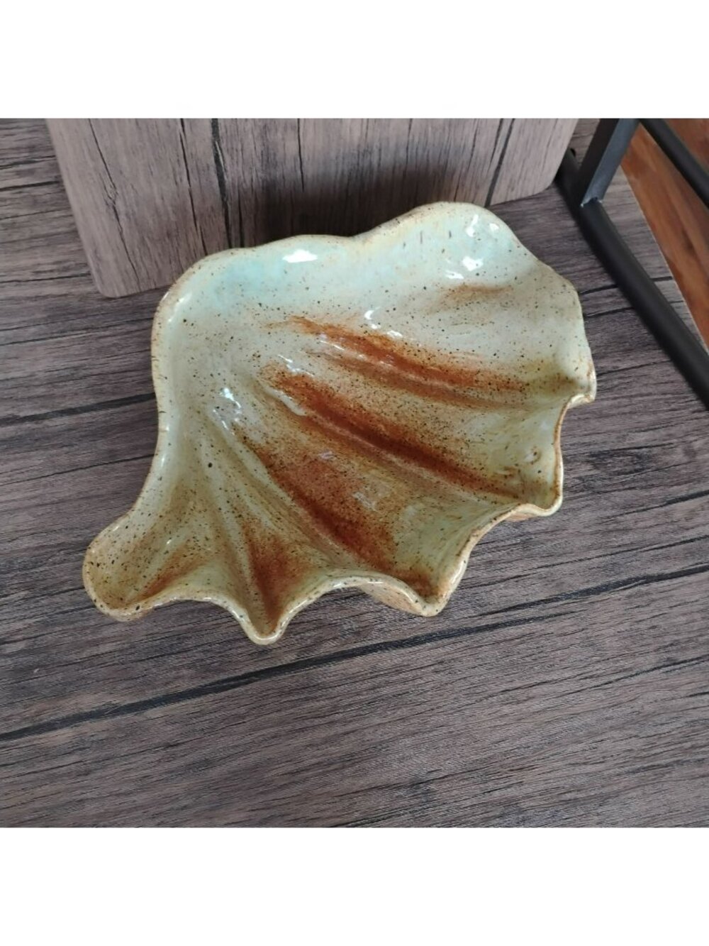 Handmade Ceramic Ruffled Clam Shell Shaped Bowl w Rustic Glaze 14" Art Pottery